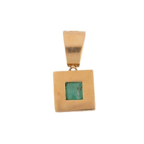 56 - An emerald and diamond cluster pendant, featuring a tablet-like step-cut emerald with a translucent ... 