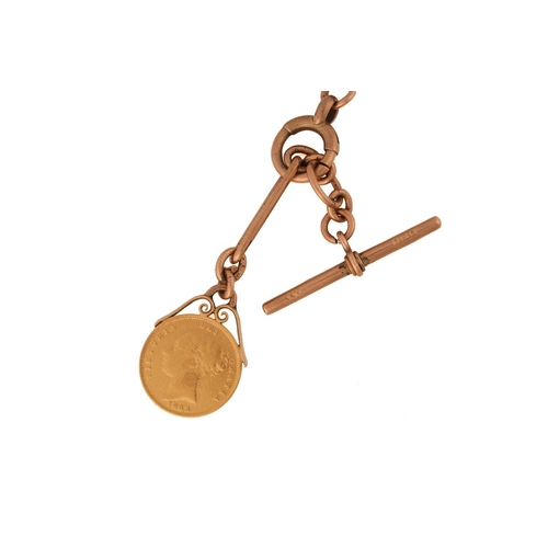 6 - A 9ct gold Albert chain with coin charm, the figaro link chain is terminated with a swivel clasp and... 