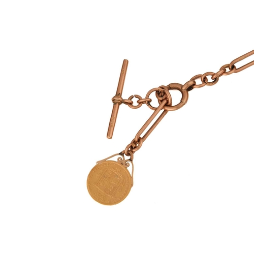 6 - A 9ct gold Albert chain with coin charm, the figaro link chain is terminated with a swivel clasp and... 