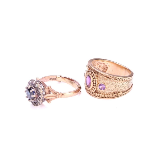 72 - Two gem-set rings in 9ct gold; to include a sapphire and diamond cluster ring, centred with a deep b... 