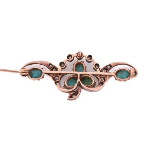 80 - A turquoise and diamond brooch, comprising oval turquoise cabochons arranged as a trefoil motif, emb... 