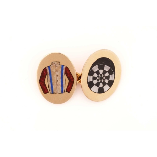 86 - A pair of Longmire racing colours cufflinks in 18ct yellow gold, the oval panels have painted enamel... 