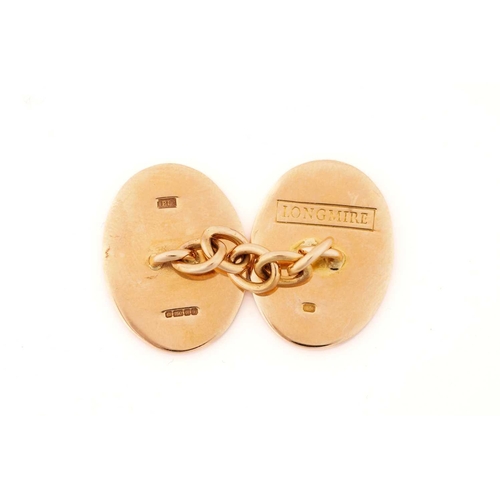 86 - A pair of Longmire racing colours cufflinks in 18ct yellow gold, the oval panels have painted enamel... 