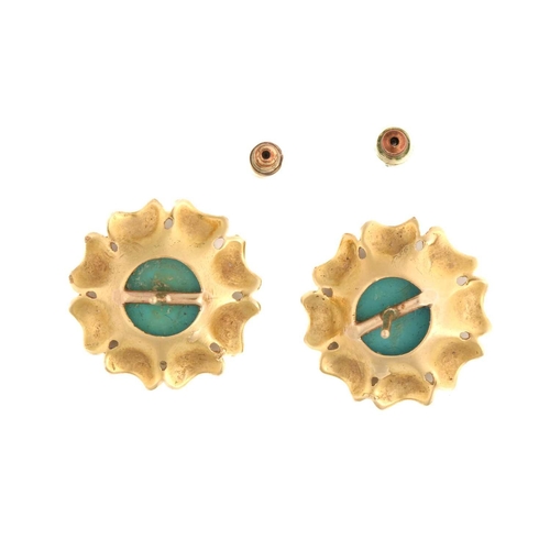 88 - A pair of flowerhead earrings set with turquoise, each comprises a round turquoise cabochon of 12.2 ... 