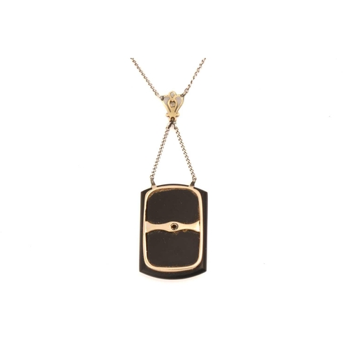 94 - An Art Deco style onyx and diamond necklace, consisting of a millgrained floral motif applied on a d... 