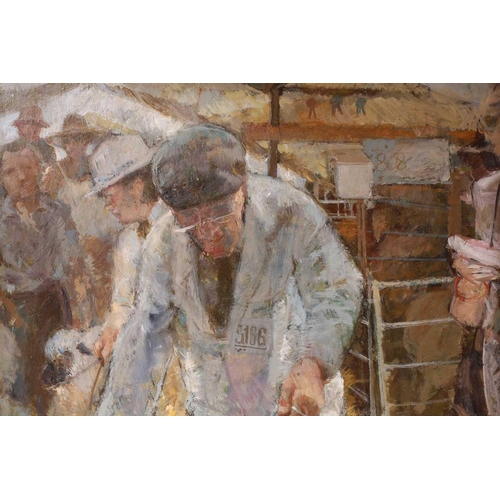 1 - † Anthony Morris (b.1938), 'Gary Rees', farmer and a sheep at an agricultural show, signed, oil on b... 