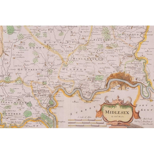 119 - Robert Morden, seven hand tinted maps, comprising Essex, 34.5cm x 41.5cm; Hertfordshire, 36.5cm x 45... 