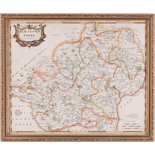 119 - Robert Morden, seven hand tinted maps, comprising Essex, 34.5cm x 41.5cm; Hertfordshire, 36.5cm x 45... 