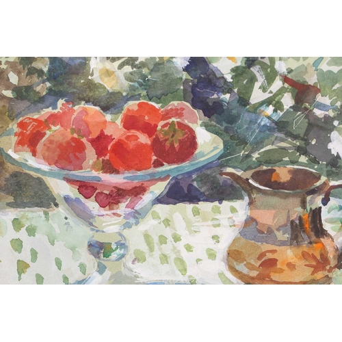 123 - † Jane Corsellis (b.1940), Strawberries and cream in the garden, signed, watercolour, framed and mou... 