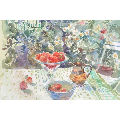 123 - † Jane Corsellis (b.1940), Strawberries and cream in the garden, signed, watercolour, framed and mou... 