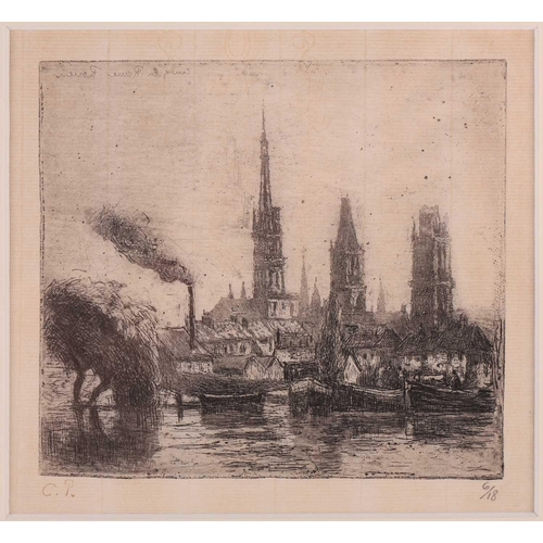 153 - Camille Pissarro (1830 – 1903), Cours La Reine – ou Bords de la Seine,a Rouen, edition 6/18, etching... 