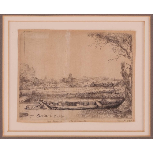 156 - Rembrandt Harmensz Van Rijn (1606 – 1669), Canal with a large boat and bridge, etching, image 8.5cm ... 