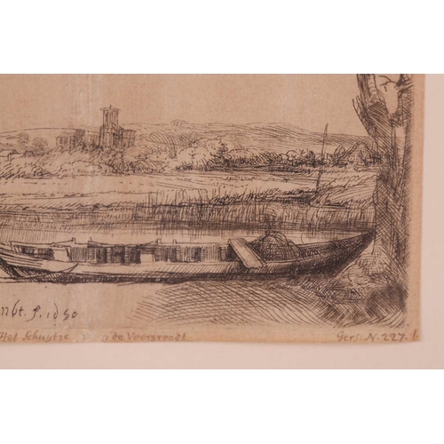 156 - Rembrandt Harmensz Van Rijn (1606 – 1669), Canal with a large boat and bridge, etching, image 8.5cm ... 