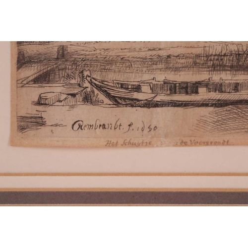 156 - Rembrandt Harmensz Van Rijn (1606 – 1669), Canal with a large boat and bridge, etching, image 8.5cm ... 