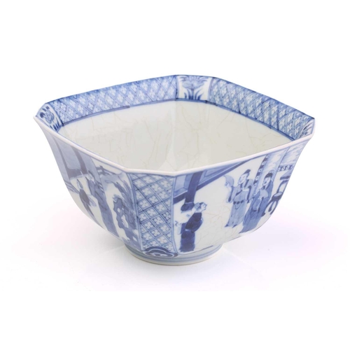 197 - A Chinese blue and white porcelain canted square section bowl the interior painted with boys a play ... 