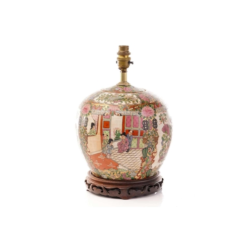 200 - A Chinese Famile Rose porcelain lamp of globular form, 20th century, painted with figures in interio... 