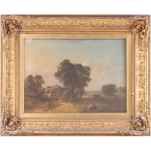 21 - 19th Century British School, Figures on a lane by a barn, unsigned, oil on canvas, in a distressed g... 