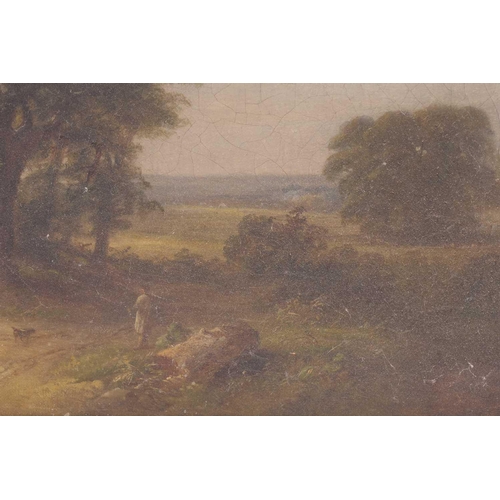 21 - 19th Century British School, Figures on a lane by a barn, unsigned, oil on canvas, in a distressed g... 