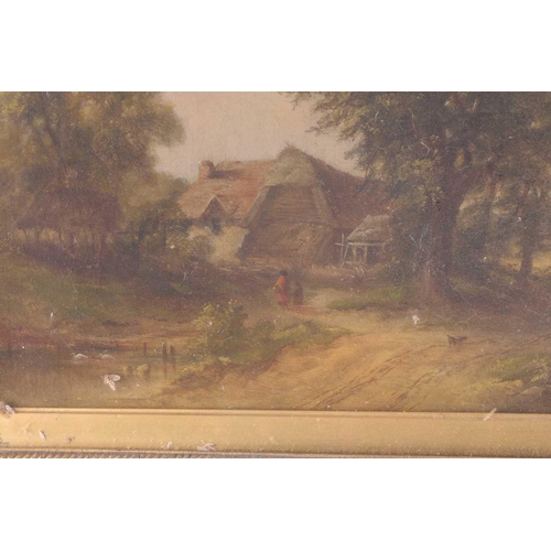 21 - 19th Century British School, Figures on a lane by a barn, unsigned, oil on canvas, in a distressed g... 