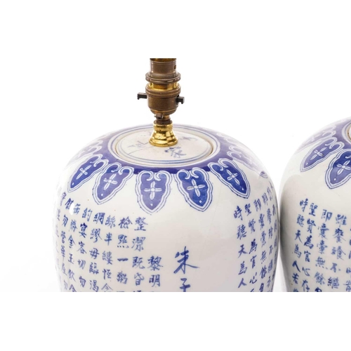 210 - A pair of Chinese blue and white porcelain single gourd-shaped table lamps painted with ruyi head sh... 