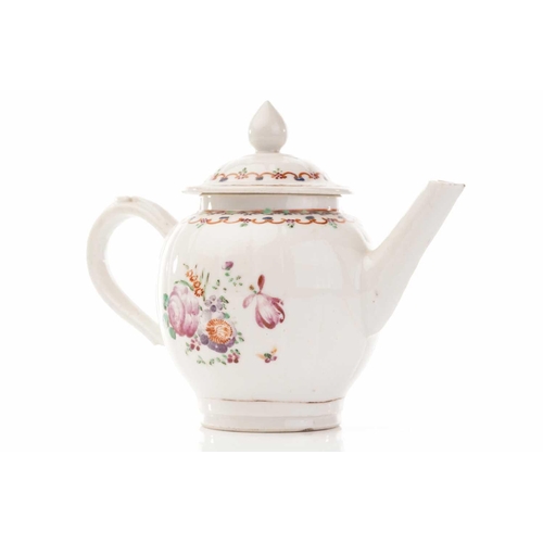 219 - A Chinese Famile Rose porcelain bullet teapot and cover, Qianlong, 18th century, the body fitted wit... 