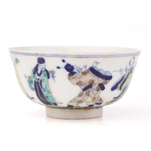 227 - A Chinese porcelain wucai bowl, painted with the eight immortals, above a band of waves, apocryphal ... 