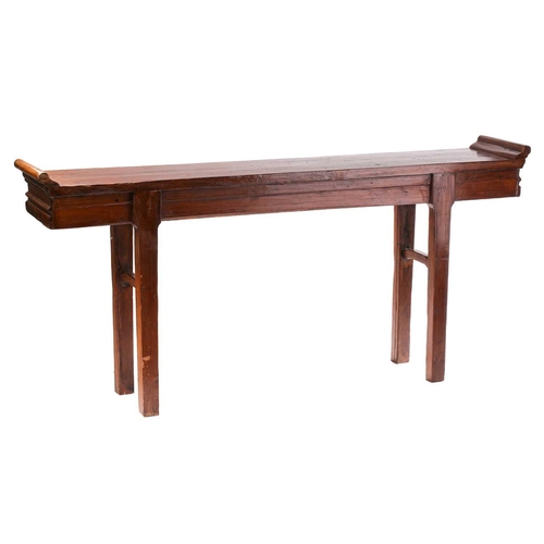 231 - A Chinese elm (Yumu) rectangular altar table, ealy 20th century, with everted scroll ends and simple... 