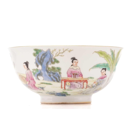 233 - A Chinese porcelain bowl, painted with ladies in a garden setting playing Go and the Qin, character ... 