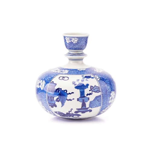 238 - A Chinese blue and white porcelain hookah pipe base of globular form, painted with reserves of antiq... 