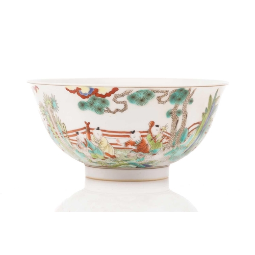 244 - Two Chinese porcelain bowls, one painted with numerous boys playing within a fenced garden, the othe... 