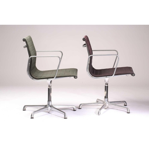 260 - Two Charles Eames vintage ICF (licensed) aluminium group armchairs with dark green and charcoal grey... 