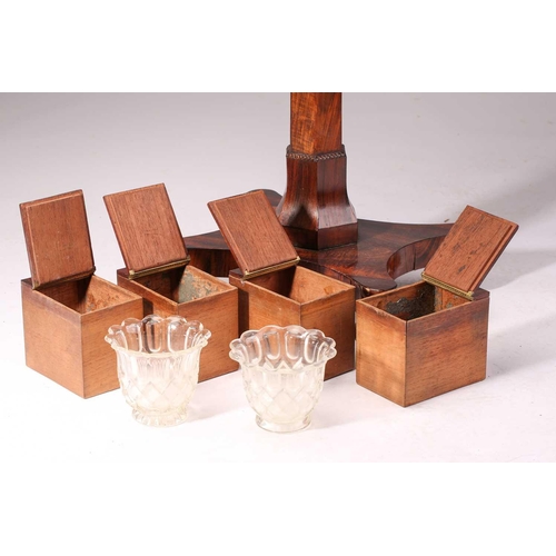 270 - A William IV rosewood teapoy, the moulded hinged lid enclosing four removable lidded caddies and two... 