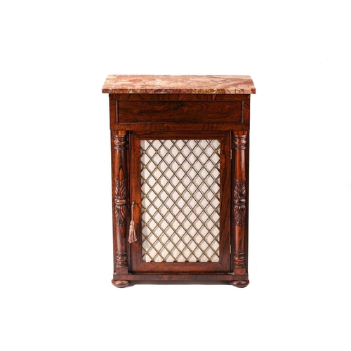 274 - William IV rosewood side cabinet with red marble top, the panelled frieze drawer over a brass lattic... 