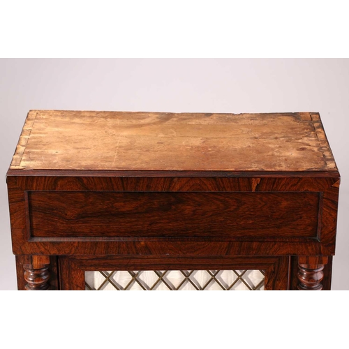 274 - William IV rosewood side cabinet with red marble top, the panelled frieze drawer over a brass lattic... 