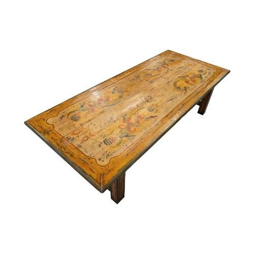 278 - A large folk art painted refectory table, 20th century, the top painted with fruiting vines over a a... 