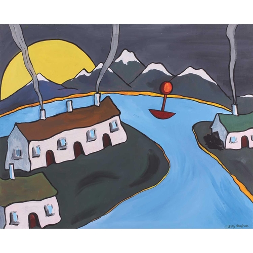 28 - † Sally Vaughan, Sunset with white cottages and mountains, signed, acrylic on board, unframed, 46 x ... 