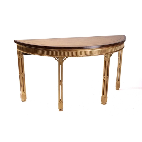 289 - A pair of George III style demi lune console tables,19th century and later, the figured ash tops wit... 