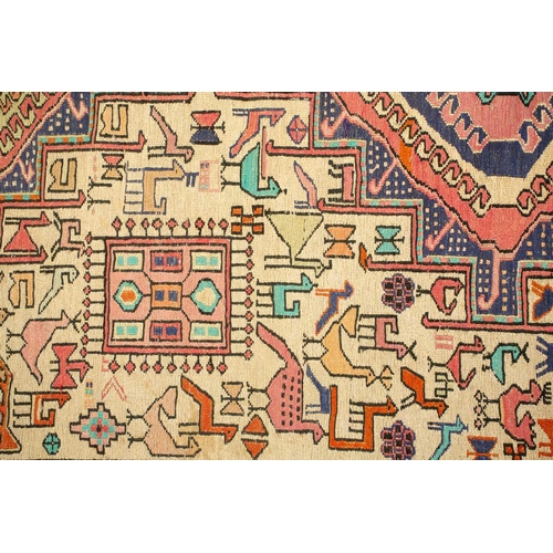 305 - An ivory ground Silk Soumak (Indian?) with three diamond lozenge design and the field filled with ma... 