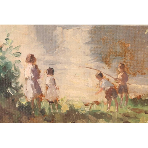 31 - † Maurice Canning Wilks (1910 - 1984), Irish Loch in Summer with children fishing, signed, indistinc... 