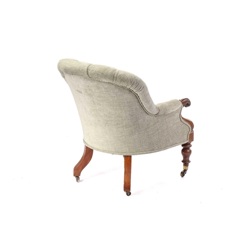 325 - A Victorian rosewood button-back upholstered armchair, the tub shape back and scroll end arms on tur... 