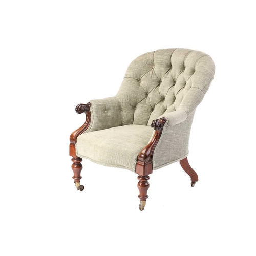 325 - A Victorian rosewood button-back upholstered armchair, the tub shape back and scroll end arms on tur... 