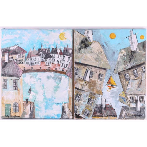 33 - † Sally Vaughan, Houses around a Harbour, signed, oil on canvas, unframed, 51 x 41 cm, Houses loomin... 