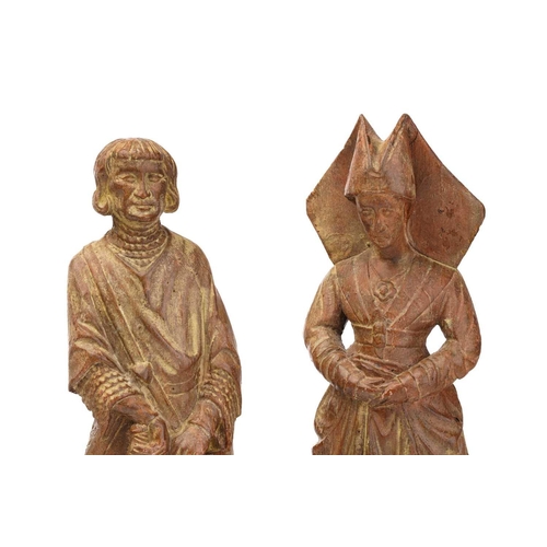 347 - Pair of carved figures, possibly limewood, depicting a Knight and a maiden, the Knight with Clubs em... 