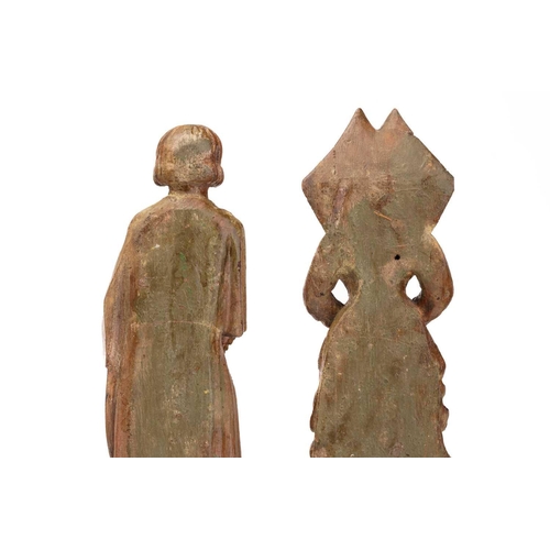 347 - Pair of carved figures, possibly limewood, depicting a Knight and a maiden, the Knight with Clubs em... 