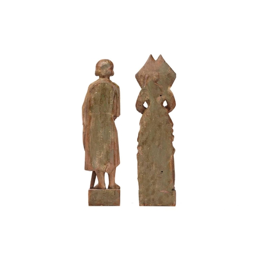 347 - Pair of carved figures, possibly limewood, depicting a Knight and a maiden, the Knight with Clubs em... 