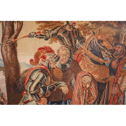 358 - A large Victorian needlework tapestry, 'The Dying Douglas', glazed in a figured walnut frame, 74 cm ... 