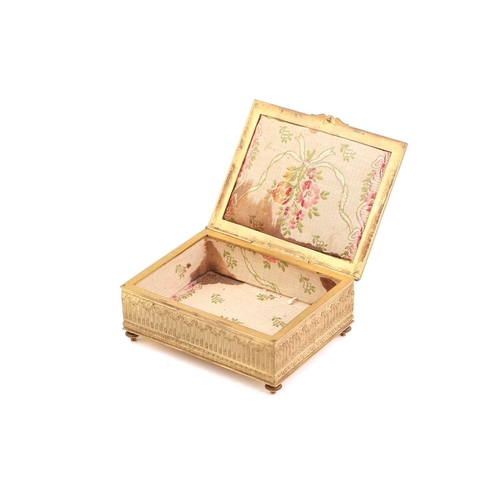 359 - A 19th century French gilt bronze box, set with Limoges enamel plaque depicting a lady in a red head... 