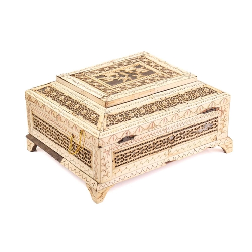 360 - An early 19th century Napoleonic prisoner of war carved bone table box, with fret carved panels and ... 