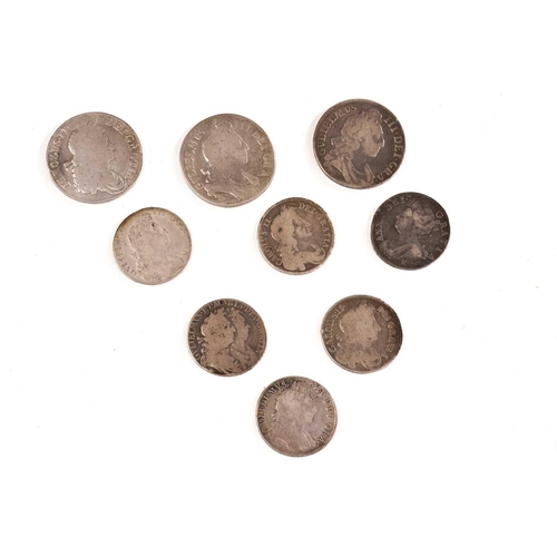 371 - UK milled silver coins comprising Charles II crown, 1662 no rose beneath bust, interlinked C's in an... 