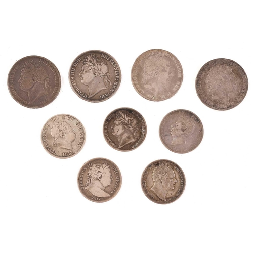 383 - UK milled silver coins Geo III - William IV, comprising two Geo III crowns 1819 Lix & 1820 LX, two h... 